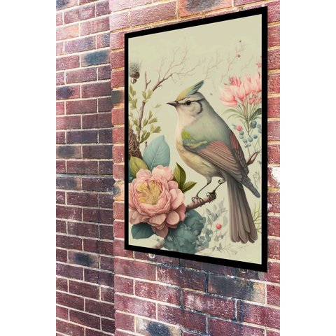 Quadro Decorativo Pássaro Flores Rosa Vintage - 70x50cm:moldura Preta