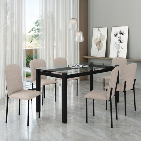 Mesa Tokio 160cm x 80cm Tampo de Vidro com 6 Cadeiras Classic Preto/Bege