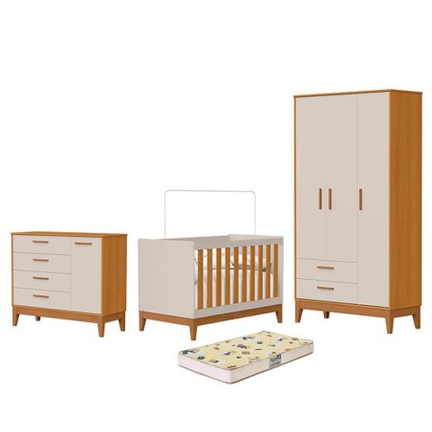 Dormitório Infantil Flip Guarda Roupa 3 Portas, Cômoda 1 Porta e Berço Areia Fosco/savana com