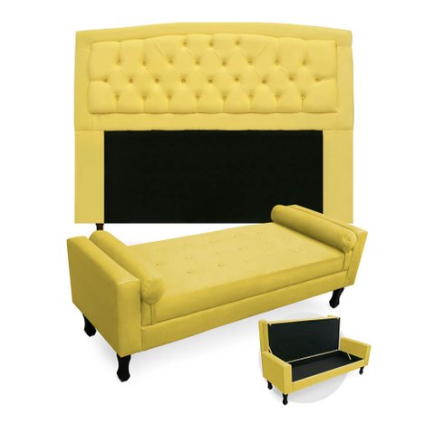 Kit Cabeceira Geovana + Calçadeira Baú Felix Casal 140cm Suede:amarelo