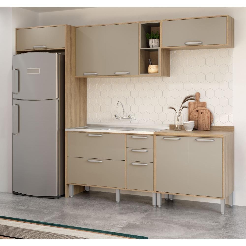 Cozinha Compacta Thela Amêndoa 5 Pçs C/ Balcão P/ Pia Mel/fumê