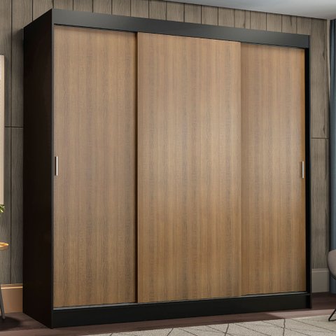 Guarda-Roupa Casal Madesa Reno 3 Portas de Correr Preto/Rustic Cor:Preto/Rustic