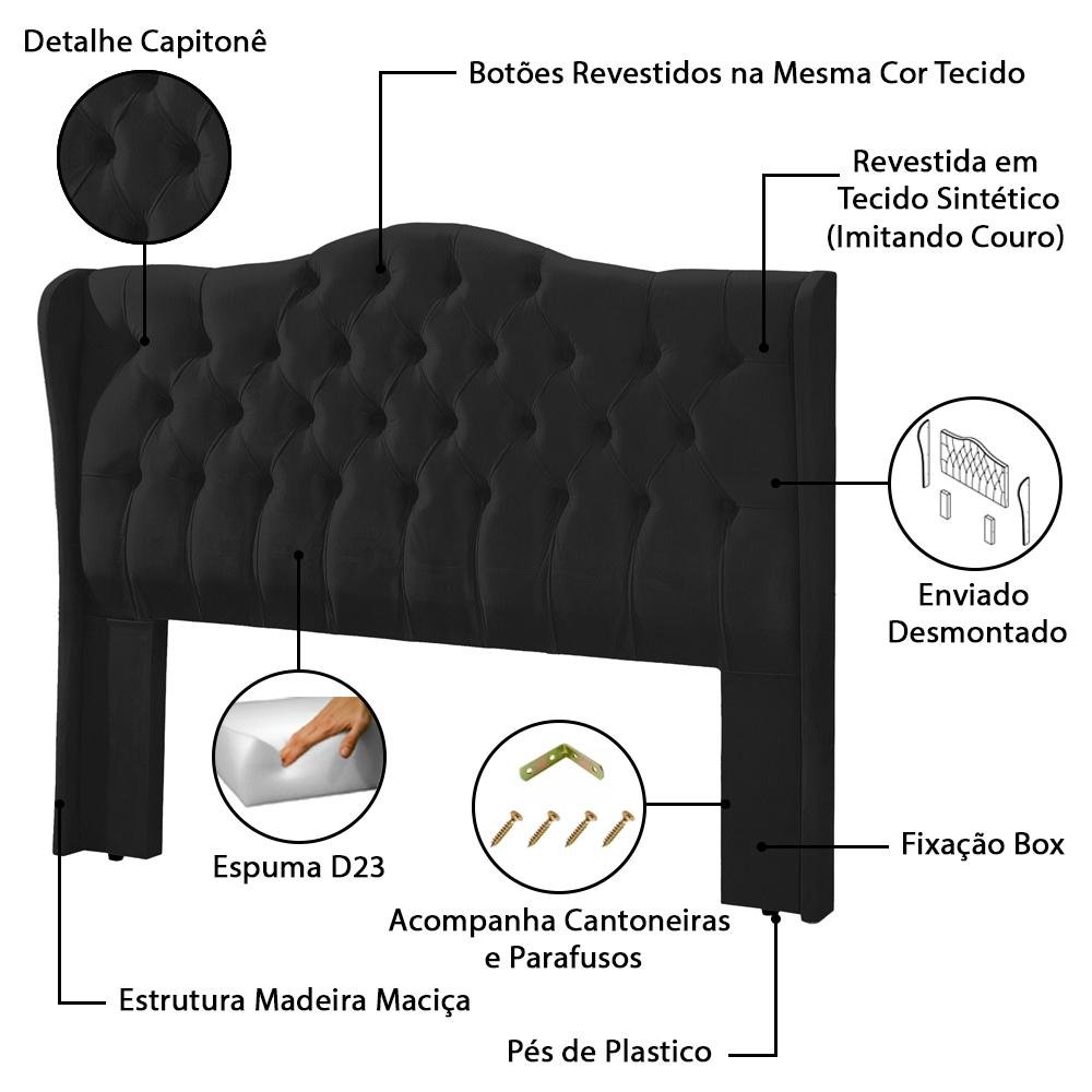 Conjunto Cabeceira Box Com Recamier Divã Para Cama Casal 1.40 Dubai Corino Preto - LH Móveis - 7