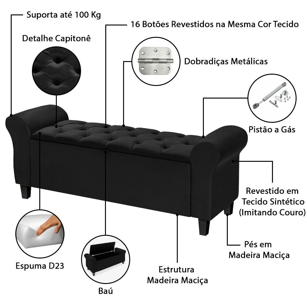 Conjunto Cabeceira Box Com Recamier Divã Para Cama Casal 1.40 Dubai Corino Preto - LH Móveis - 9