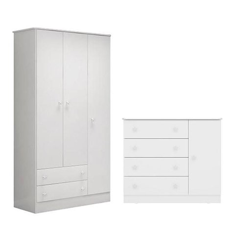 Quarto Infantil Doce Sonho Guarda Roupa e Cômoda Sapateira Branco - Qmovi