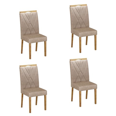 Kit 4 Cadeiras para Sala de Jantar Pés em Madeira Maciça Lara Bege/Cinamomo/Linho