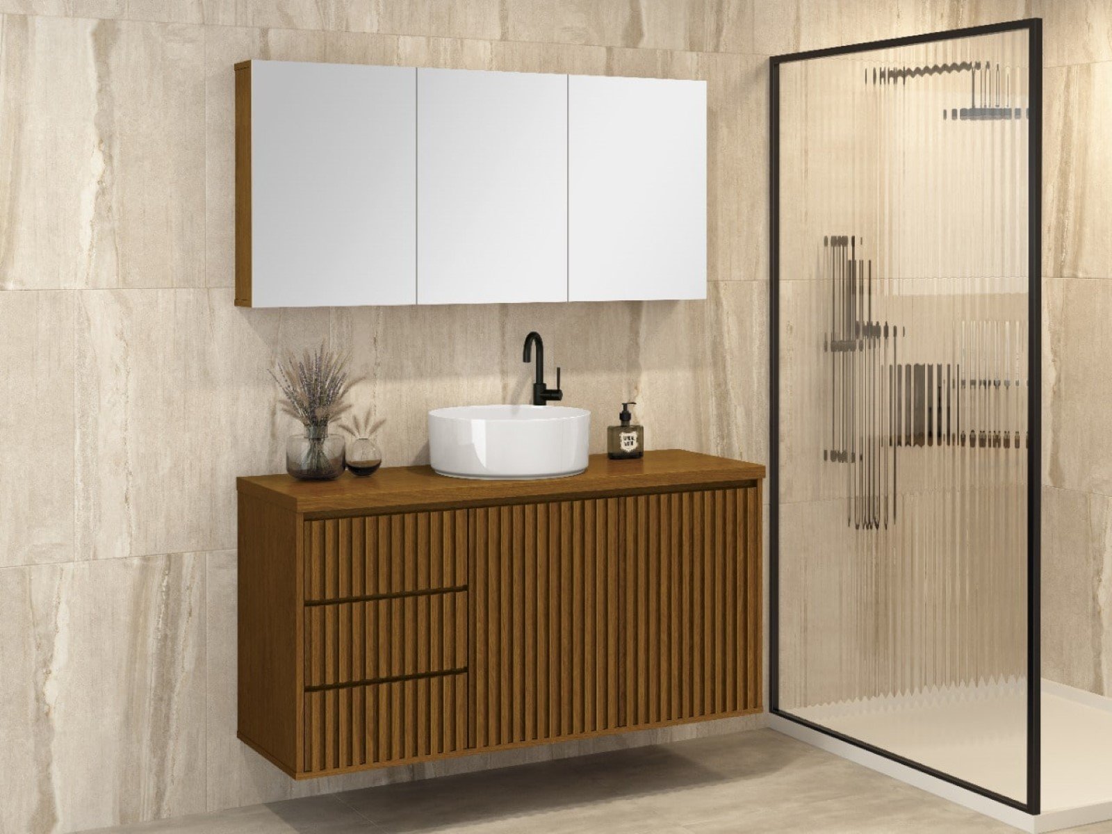 Espelheira Banheiro Intenso 120cm 3 Espelhos Freijó Suspensa MDF - 5
