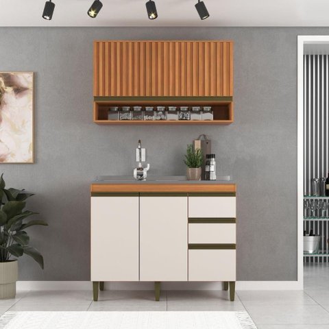 Cozinha Completa Cecilia 2 Pecas 4 Portas MDP 120cm Freijo-Off White J Carvalho Moveis