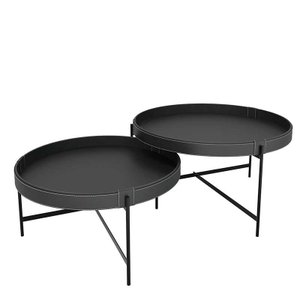 Conjunto 2 Mesas de Centro Redonda Couro Sintético Decor Patrimar Preto