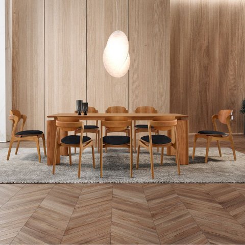 Sala de Jantar Mesa Nala 220cm Tampo Laminado Canto Moeda com 8 Cadeiras Solaris Gold