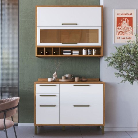 Armário de Cozinha Modulada com Balcão e Tampo 4 Portas 3 Gavetas Ágata 100% Mdf Vidro Reflecta Amên