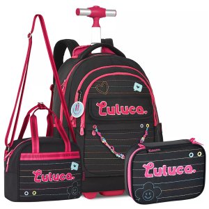 Kit Mochila Escolar de Rodinhas Luluca com Lancheira e Estojo Preto