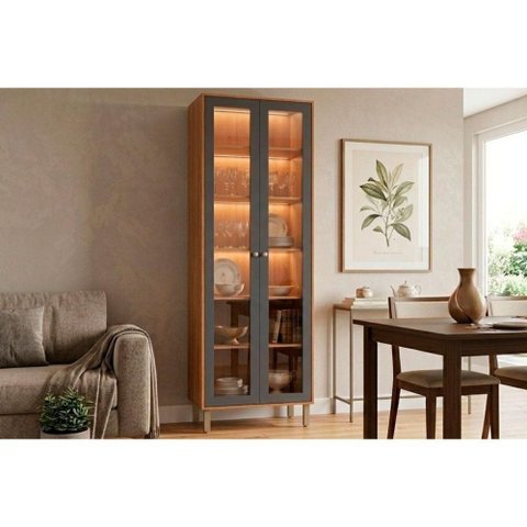 Cristaleira Esplêndida LED Reflecta 2 Portas 6 Prateleiras MDF com Iluminação Titanium MGM