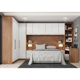 Quarto Modulado de Casal Ponte Armário Roupeiro de Canto Escrivaninha Tóquio Amêndola/Branco - Bela  - 1