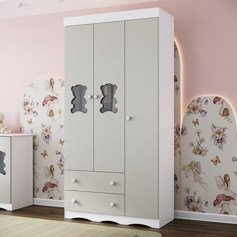 Guarda-roupa Infantil 92cm com Vidro 3 Portas e 2 Gavetas Doçura Multimóveis Mp4492 Branco/off