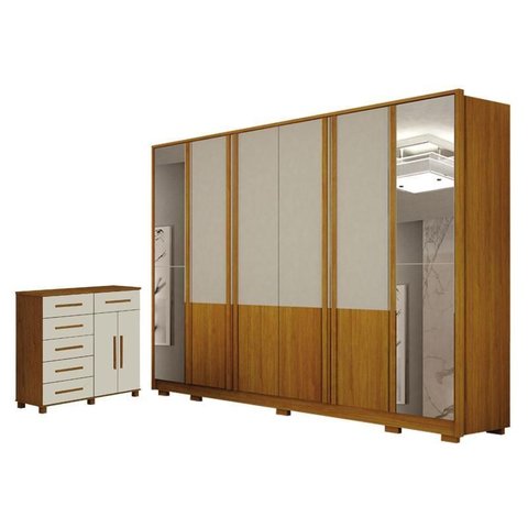 Guarda Roupa Casal Urban 6 Portas com Espelho com Cômoda São Paulo 6 Gavetas 2 Portas Cinamomo Off
