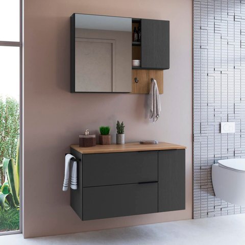Conjunto Banheiro Gabinete 80cm com Espelheira Mel/grafite Cj8020