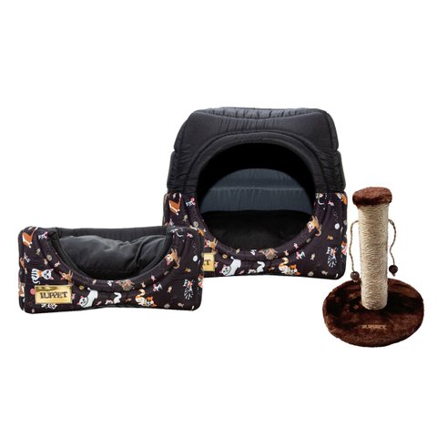Cama Iglu e Toca para Gato Luppet com Arranhador Preto Gatinho - M