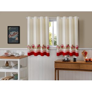 Cortina de Cozinha em Tecido Linhão 4,00m X 1,20m Floral Vermelho