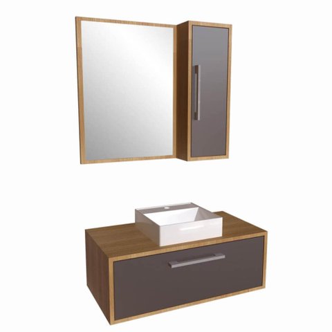 Gabinete 80cm Alice Mel Grafite com Espelheira e Cuba Branca em Mármore Sintético Armário