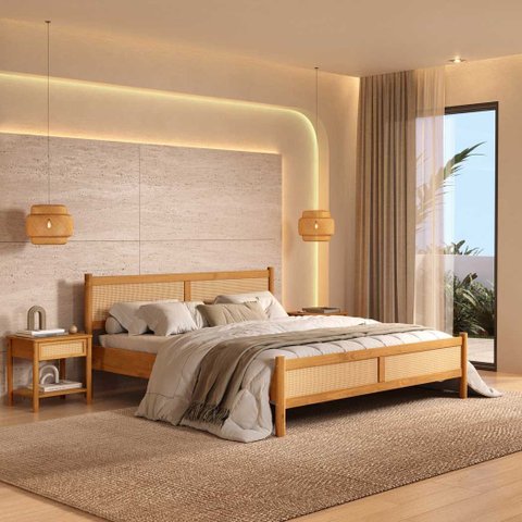 Cama King Madeira Maciça Rattan Palhinha Estrado Incluso Freijó Cefira Idimex