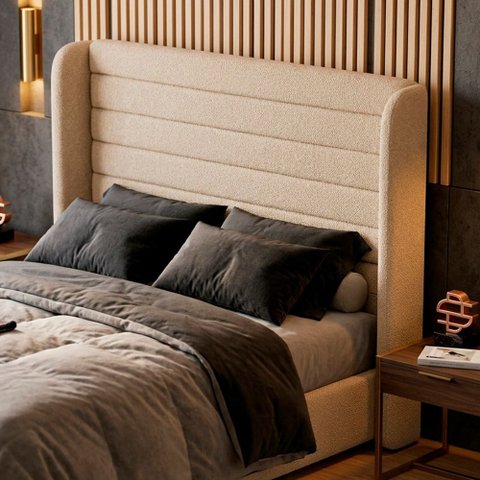 Cabeceira Estofada para Cama Box Casal Padrão Sasha 140cm Moderna Bouclê Bege - Desk Design