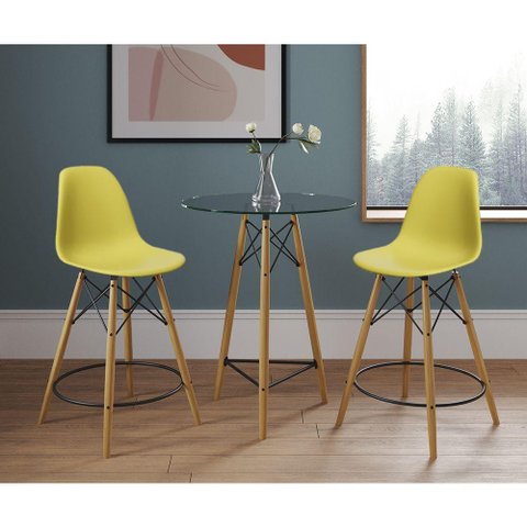 Mesa Bistrô Eames Eiffel Vidro com 2 Banquetas Amarelas de Madeira