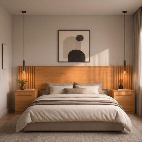 Cabeceira Genova Casal Queen Painel Ripado MDF MDP Cinamomo Marrom com Gavetas
