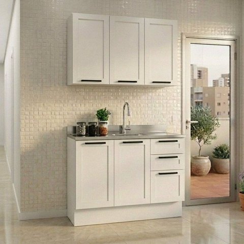 Cozinha Compacta Modulada Americana 5 Portas 3 Gavetas com Rodapé e sem Tampo MDF Grazi Branco