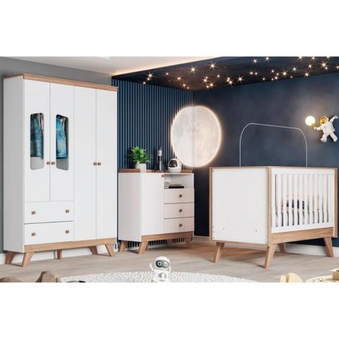 Quarto de Bebê Completo Confete 3 Peças (1 Guarda Roupa + 1 Berço + 1 Cômoda) Qi57 Branco-