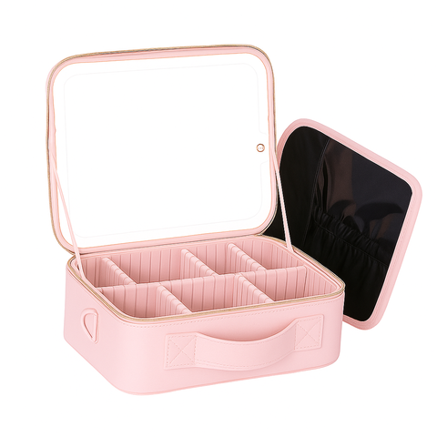 Maleta de Maquiagem com Espelho Led Rosa