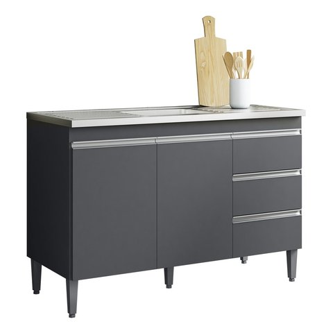 Balcão Gabinete Para Pia Andreia Sem Tampo 120cm 2 Portas 3 Gavetas Cinza Fosco - Ajl Móveis Balcão 