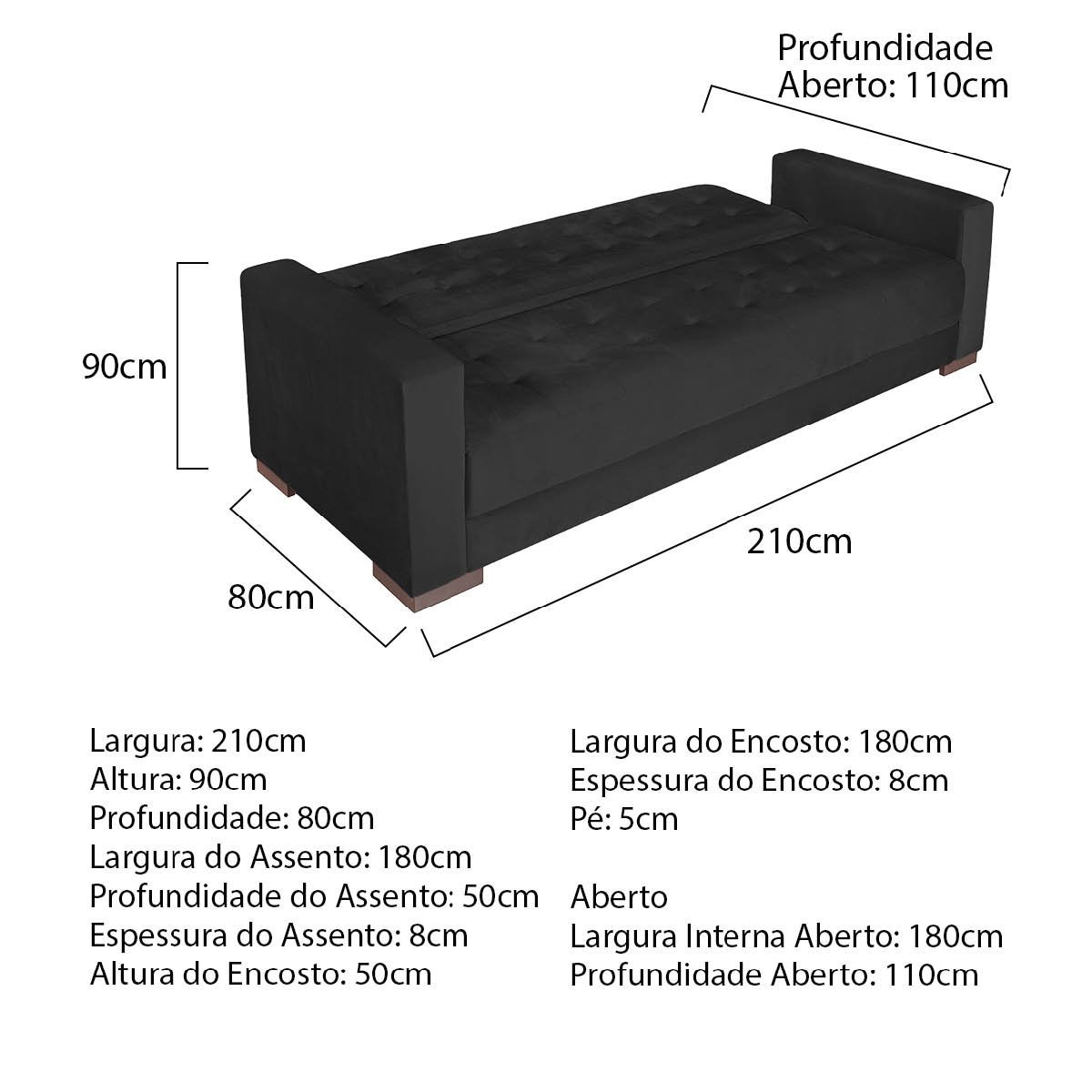 Sofá Cama 3 Lugares Jobim Suede - Doce Sonho Móveis SOFÁ CAMA SOFÁ 3 LUGARES Preto - 3