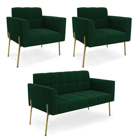 Namoradeira e 2 Poltronas Pé de Ferro Dourado Elisa Bouclê Verde D03 - D'Rossi