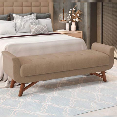 Puff Recamier Decorativo com Pés em Madeira 140 cm Itália P05 Bouclê Bege - Lyam Decor