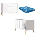 Ver imagem 1 de Berço Americano e Cômoda com Porta Infantil Theo Branco Acetinado Pés Madeira Natural e Colchão – Re