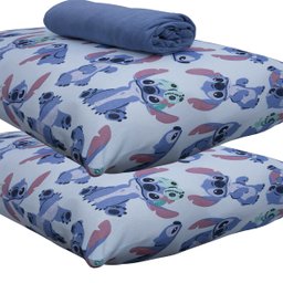 Jogo de Cama Portallar Casal Malha 100% Algodão Disney Mickey Stitch e Xepa 3 Peças Azul - 2