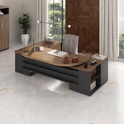 Mesa para Escritório Tamburato 2 Portas 4 Gavetas Mason A02 Nogal Preto - Lyam Decor