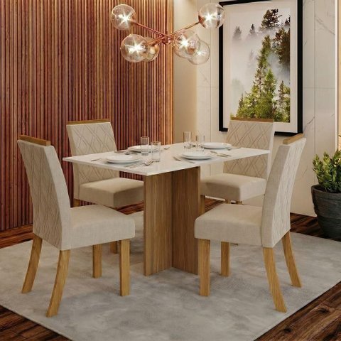 Conjunto Sala de Jantar Layla Glam 4 Lugares Tampo MDF Cadeiras Estofadas Off White 120cm Casa 812