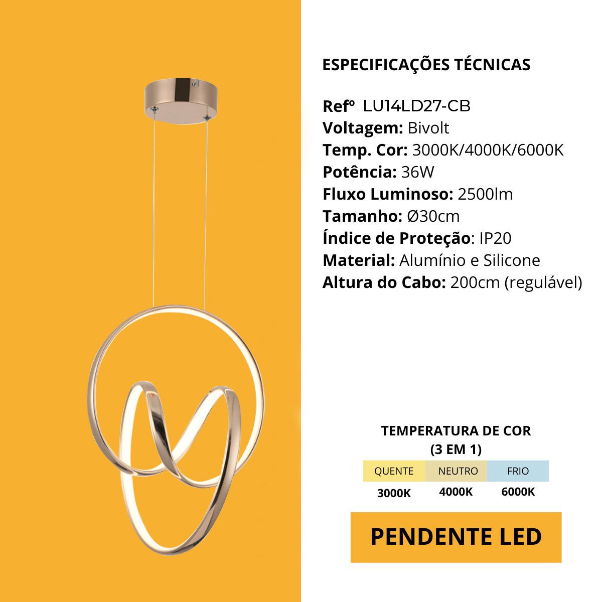 Pendente Lumier Micenas Cobre Led Integrado 36w 3 Temperaturas - 3