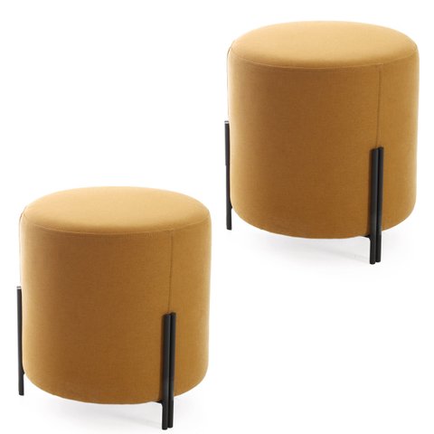 Puff Banqueta Decorativo Denver Redondo Tecido Veludo Mostarda Pés Aço Preto Epóxi Kit 2 Unidades Po
