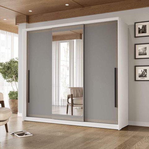 Guarda Roupa Casal 220cm 3 Portas de Correr com Espelho 240854 Valência Politorno Móveis