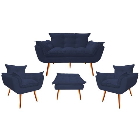 Kit Namoradeira + 2 Poltronas + 1 Puff Decorativo Opala Suede Azul Marinho Pés Madeira Mz Decor