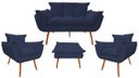 Ver imagem 1 de Kit Namoradeira + 2 Poltronas + 1 Puff Decorativo Opala Suede Azul Marinho Pés Madeira Mz Decor