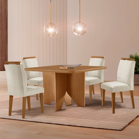 Mesa de Jantar Evora 90cm Mdf Canto Copo e com 4 Cadeiras Athenas