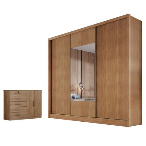Guarda Roupa Casal Medelim com Espelho e Cômoda Seul Cumaru 23 - Novo Horizonte