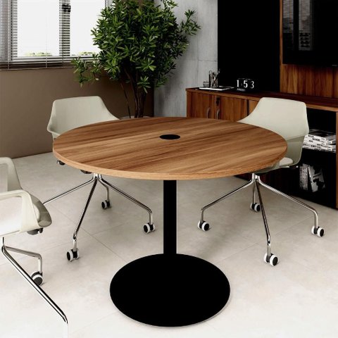 Mesa de Reunião Redonda 110cm com Plug Tomada F5 Office Cor:nogal com Preto