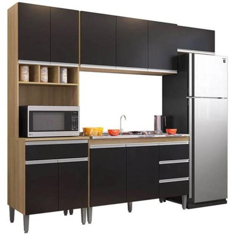 Cozinha Modulada Andréia 2,40m 10 Portas 4 Gavetas e Balcão com Tampo Amêndoa/preto