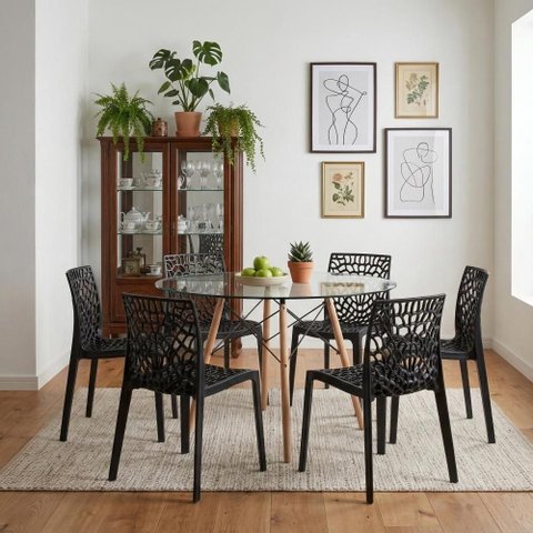 Kit Mesa Eames Vidro 110cm + 6 Cadeiras Gruvyer - Seat&Co