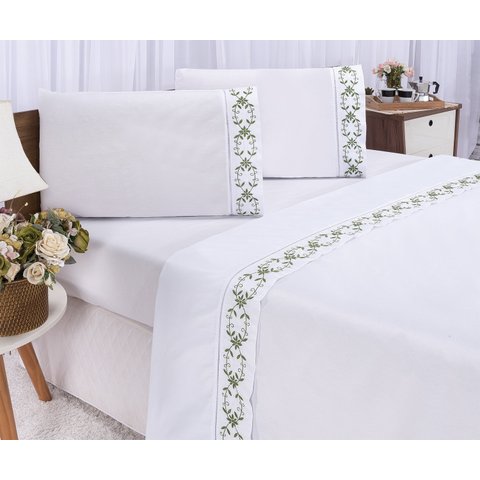 Jogo lençol Veneza quarto casal Queen bordado 4 peças 2fronha: Branco com Verde Musgo